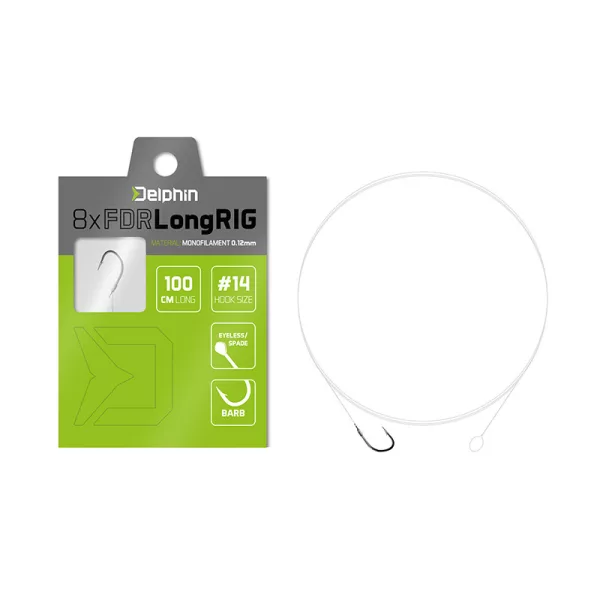 Delphin FDR LongRIG 100cm 0,12mm 14 Spade, Voorgeknoopte haak met weerhaak 8 stuks