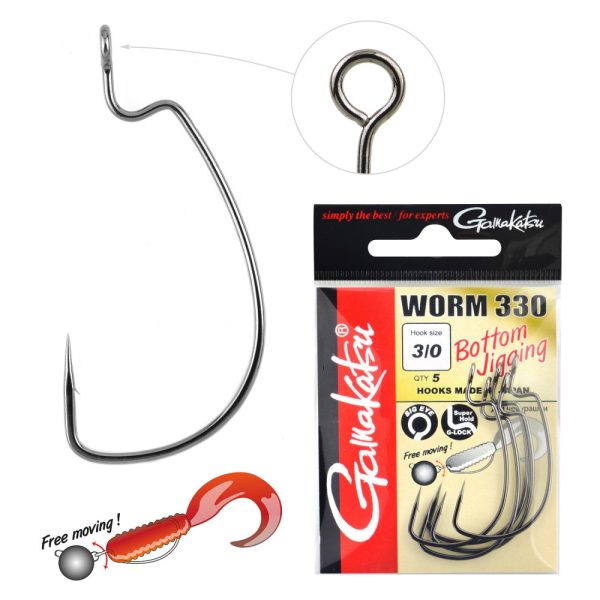 Gamakatsu Worm-330 Bottom Jigging Zwart 3/0, 5 stuks/verpakking, roofvishaak met oog en weerhaak.