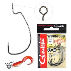   Gamakatsu Worm-330 Bottom Jigging Zwart 4/0, 5 stuks/verpakking, roofvishaak met oog en weerhaak.