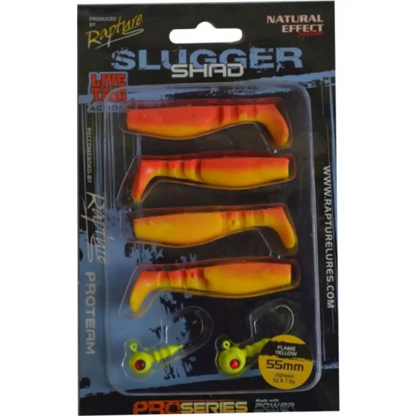 Rapture Slugger Shad Set 5,5cm Vlam Geel Kunstaas Set 4+2 stuks