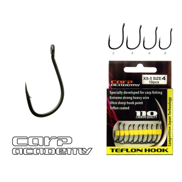 Carp Academy Teflon Hook XS-4 Zwart 6 10 stuks/verpakking Boiliehaak met oog en weerhaak