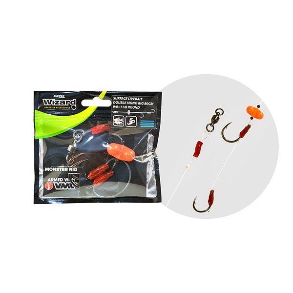 Wizard Monster Surface Livebait Double Mono Rig 7/0+9/0 Round 80cm Dubbele Haak Monofil Onderlijn