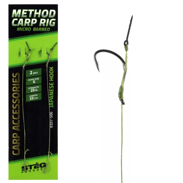 Stég Method Karper onderlijn met baitspike Zwart 10 2 stuks/pak Gevlochten voorgebonden haak met oog en weerhaak