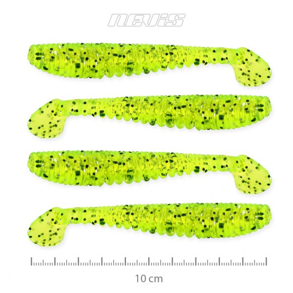 Nevis Impulse Shad 10cm 6,92gr, 4 stuks/pak, Fluo Groen Glitter, plastic aas
