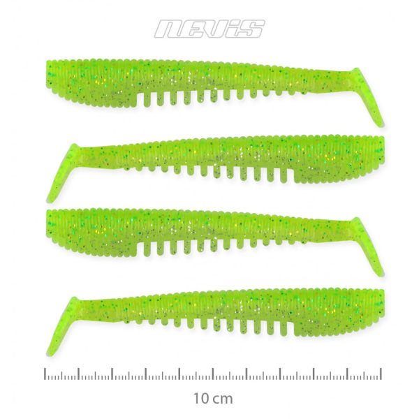 Nevis Impulse Shad 10cm 6,92gr, 4 stuks/pak, Fluo Groen Glitter X2, plastic aas