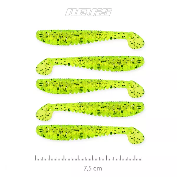 Nevis Impulse Shad 7,5cm 3,05gr 5 st/pk FluoGroene Glitter Plastic kunstaas