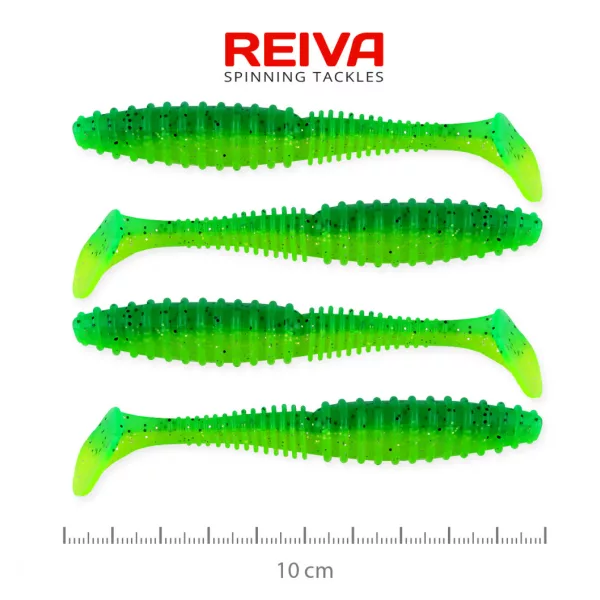 Reiva Zander Power Shad 10cm 7,05gr 4 st/verpakking (Groene Glitter) Plastic kunstaas