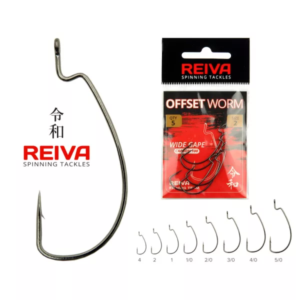 Reiva Offset Worm Zwart 4/0, 3 stuks/verpakking, haak met oog en weerhaak voor roofvis
