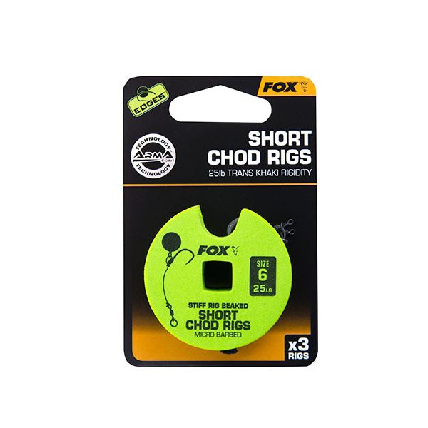 Fox 25lb, maat 6 Short Chod Rig Barbed Voorgeknoopte haak
