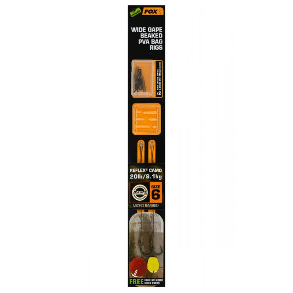 Fox EDGES™ Wide Gape Beaked PVA Bag Rigs 20lb Size 6 Brown & Green Voorgeknoopte haak