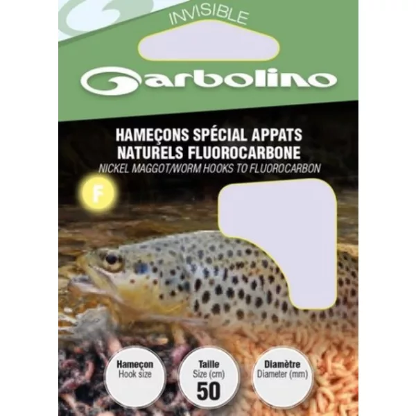 Garbolino Nikkel Maden-/Wormhaken Aan Fluorocarbon 10 Met plaatje, Met weerhaak Voorgeknoopte Monofilament haak 10 stuks