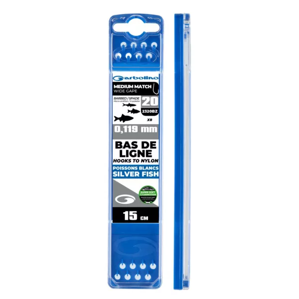 Garbolino Competition Hooks To Nylon 20 plat oog, met weerhaak Medium Wide Gape Monofil Voorgeknoopte Haak 8 stuks