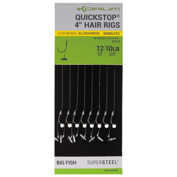 Korum Big Fish Hair Rigs W Quickstops 10cm Size 14 Voorgeknoopte monofilament haak met oog en zonder weerhaak