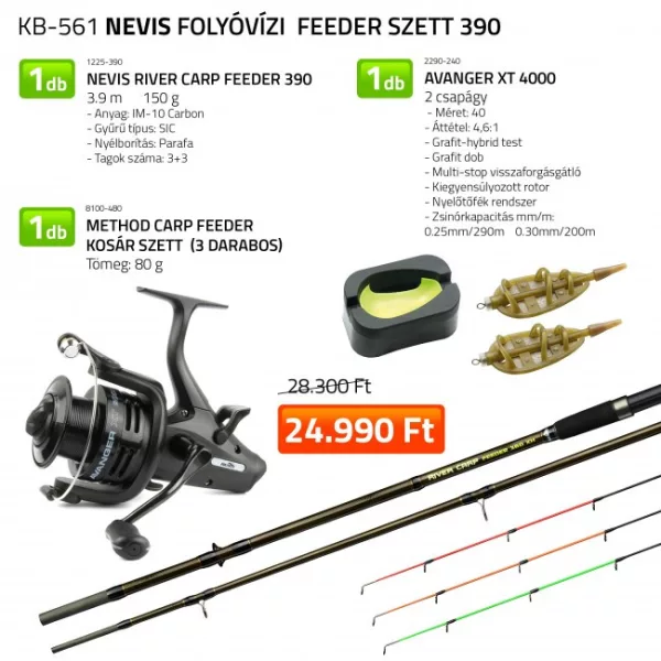 Nevis River Carp Feeder 390 Hengel Met Avanger XT 4000 Molen Met Method Carp Feeder Korfset (3 stuks) Visset