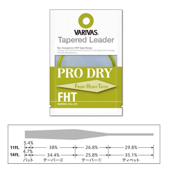 Varivas Taps Toelopende Onderlijn Tapered Leader Pro Dry FHT 3X 3,35m 0,205-0,45mm Vliegvis Onderlijn